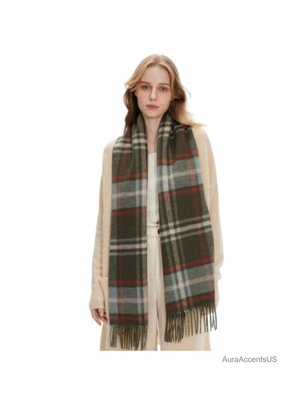 Oversized Wool Blend Plaid Winter Scarf Shawl Wrap Unisex Cold Weather